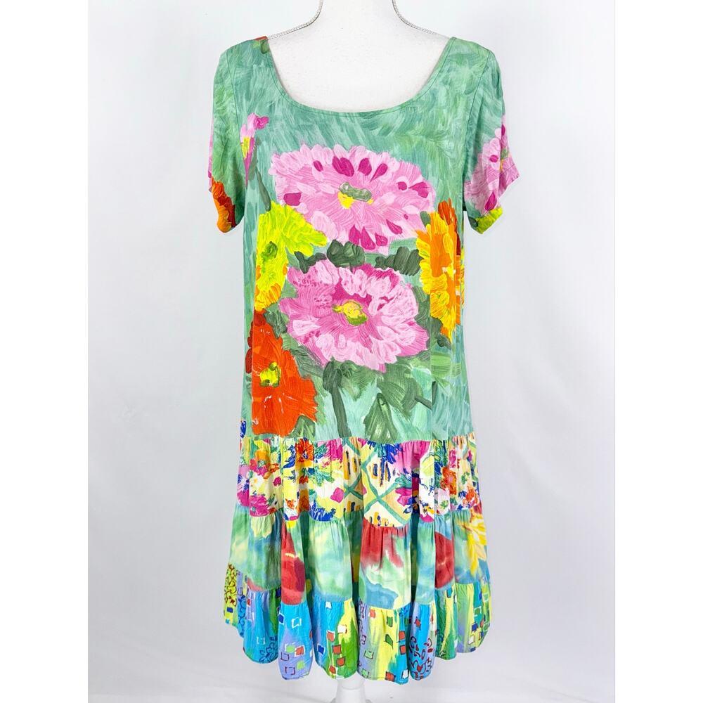 Jams World Vintage Artsy Painted Floral Tiered Dress Women's Large Green